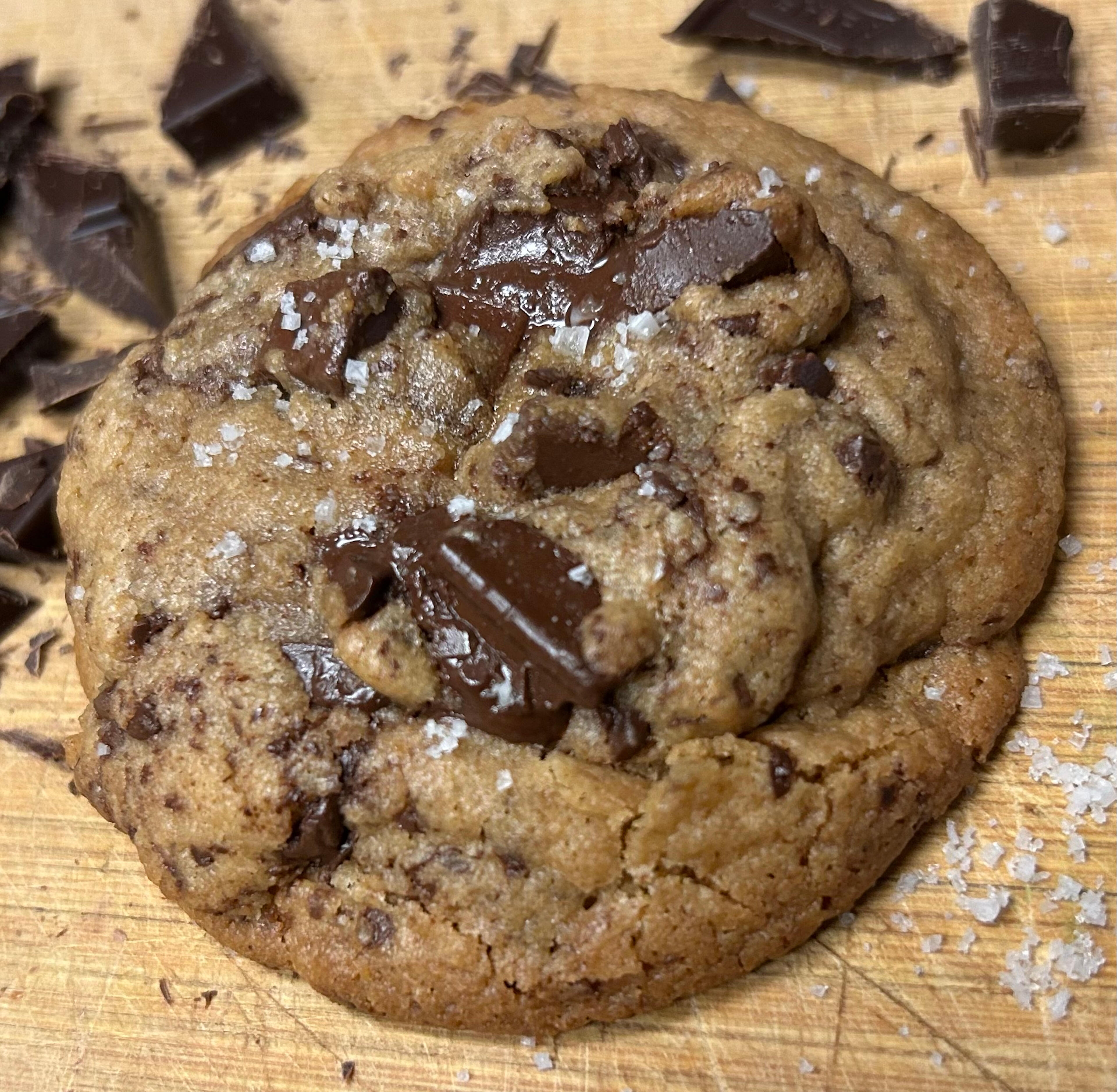 Fresh browned butter chocolate chunk cookie with flaky sea salt from Sunday’s Finest Bakehouse.